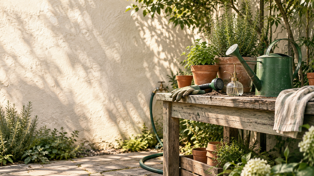 A green watering can, a glass plant mister and a hose nozzle on a wooden potting bench beside terracotta herb pots.